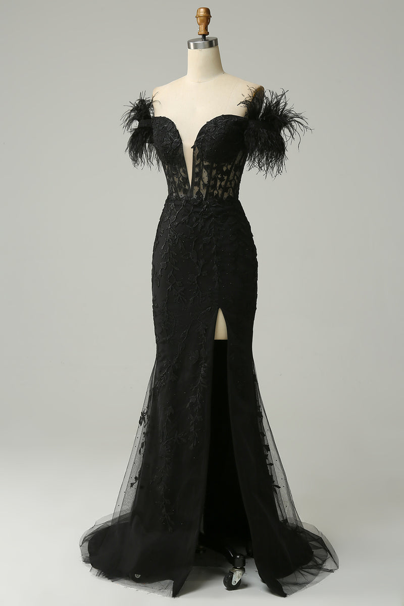 Load image into Gallery viewer, Black Off the Shoulder Mermaid Prom Dress with Feathers