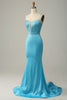 Load image into Gallery viewer, Blue Mermaid Spaghetti Straps Sparkly Corset Prom Dress with Beading