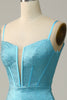 Load image into Gallery viewer, Blue Mermaid Spaghetti Straps Sparkly Corset Prom Dress with Beading