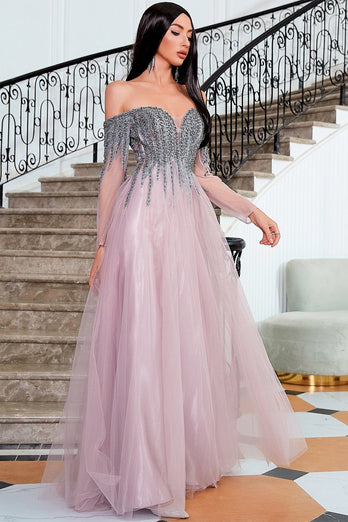 A Line Off the Shoulder Prom Dress with Beading