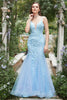 Load image into Gallery viewer, Mermaid Blue Tulle Prom Dress with Criss Cross Back