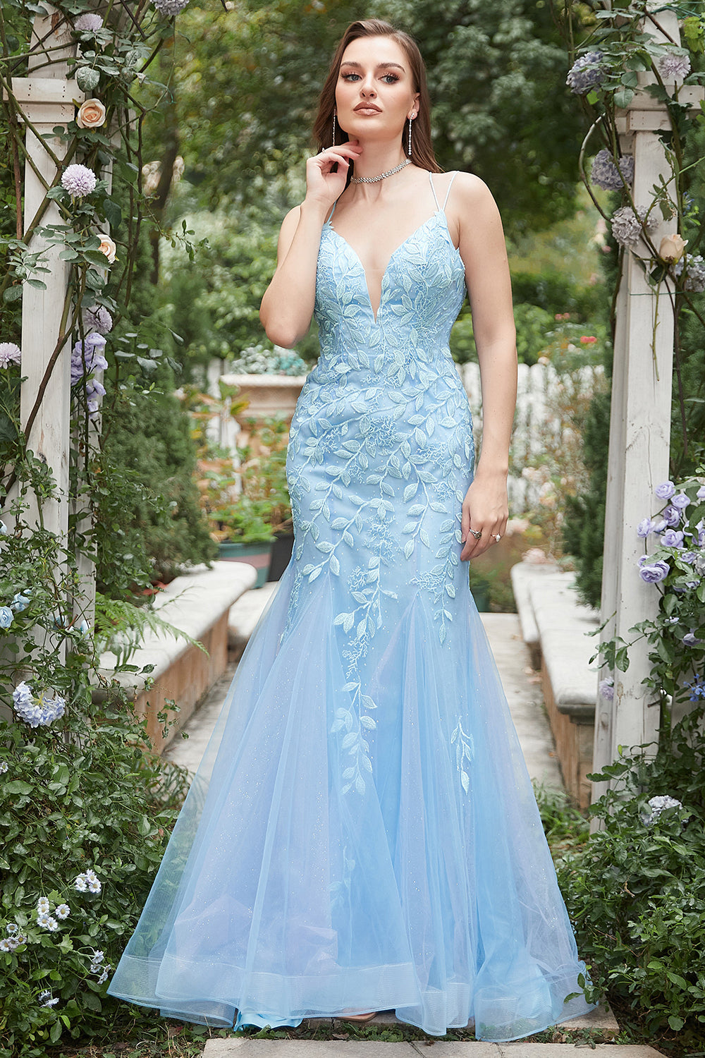 Mermaid Blue Tulle Prom Dress with Criss Cross Back