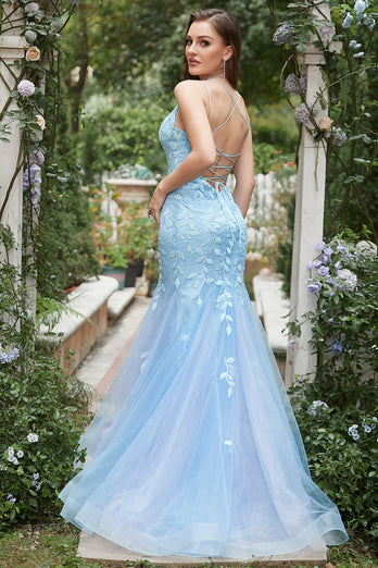 Mermaid Blue Tulle Prom Dress with Criss Cross Back