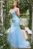 Load image into Gallery viewer, Mermaid Blue Tulle Prom Dress with Criss Cross Back