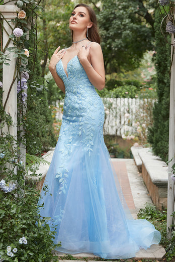 Mermaid Blue Tulle Prom Dress with Criss Cross Back