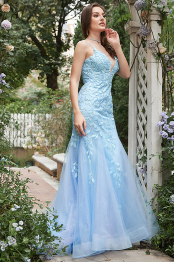 Mermaid Blue Tulle Prom Dress with Criss Cross Back