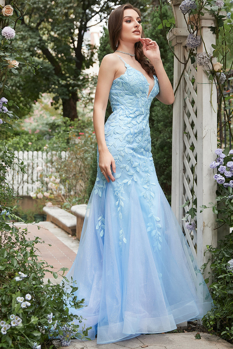 Load image into Gallery viewer, Mermaid Blue Tulle Prom Dress with Criss Cross Back