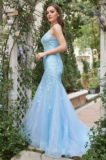 Mermaid Blue Tulle Prom Dress with Criss Cross Back