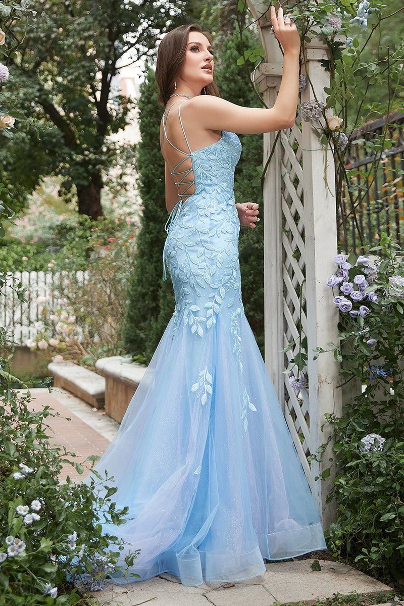 Load image into Gallery viewer, Mermaid Blue Tulle Prom Dress with Criss Cross Back