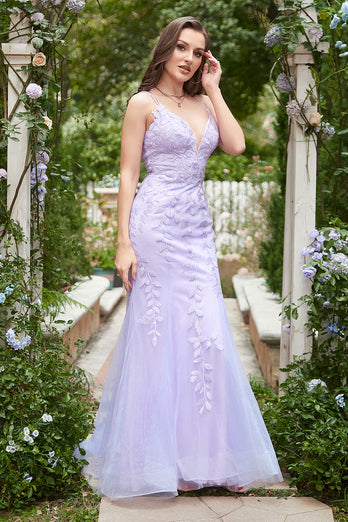 Mermaid Spaghetti Straps Purple Prom Dress With Appliques