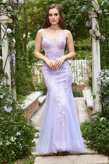 Mermaid Spaghetti Straps Purple Prom Dress With Appliques