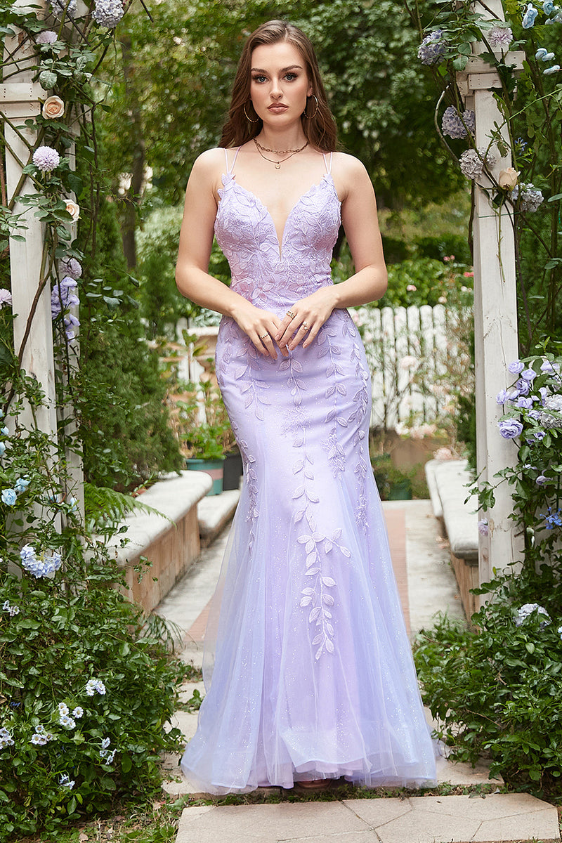 Load image into Gallery viewer, Mermaid Spaghetti Straps Purple Prom Dress With Appliques