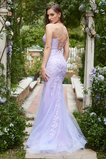 Mermaid Spaghetti Straps Purple Prom Dress With Appliques