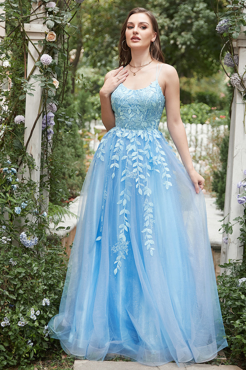 Load image into Gallery viewer, Blue Tulle A Line Prom Dress with Appliques