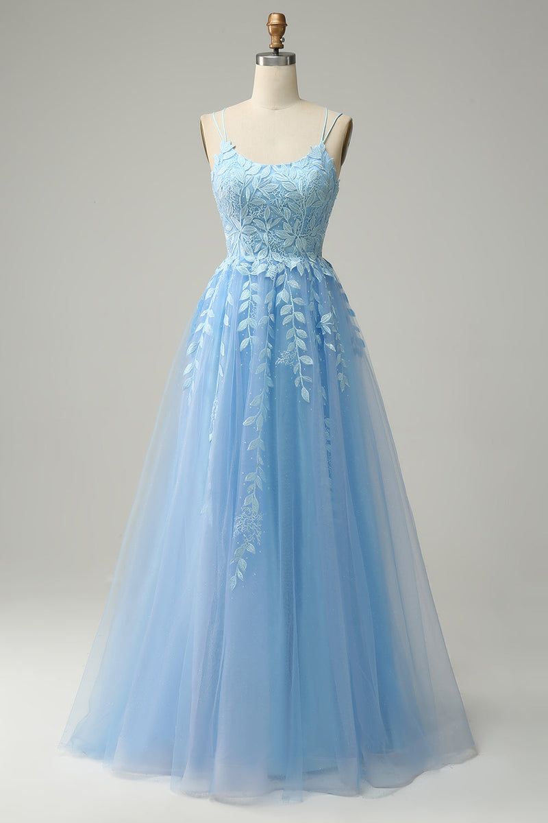 Load image into Gallery viewer, A Line Spaghetti Straps Long Blue Prom Dress with Appliques