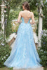 Load image into Gallery viewer, Blue Tulle A Line Prom Dress with Appliques