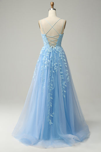 A Line Spaghetti Straps Long Blue Prom Dress with Appliques