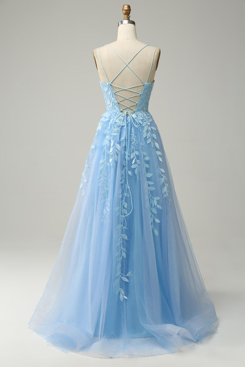 Load image into Gallery viewer, A Line Spaghetti Straps Long Blue Prom Dress with Appliques