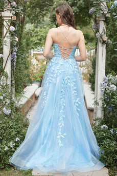 Blue Tulle A Line Prom Dress with Appliques