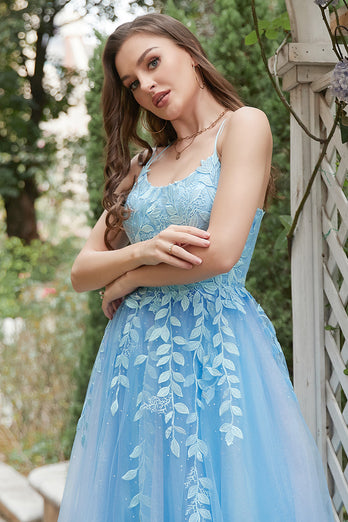 Blue Tulle A Line Prom Dress with Appliques