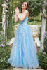 Load image into Gallery viewer, Blue Tulle A Line Prom Dress with Appliques