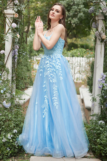 Blue Tulle A Line Prom Dress with Appliques