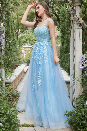 Blue Tulle A Line Prom Dress with Appliques