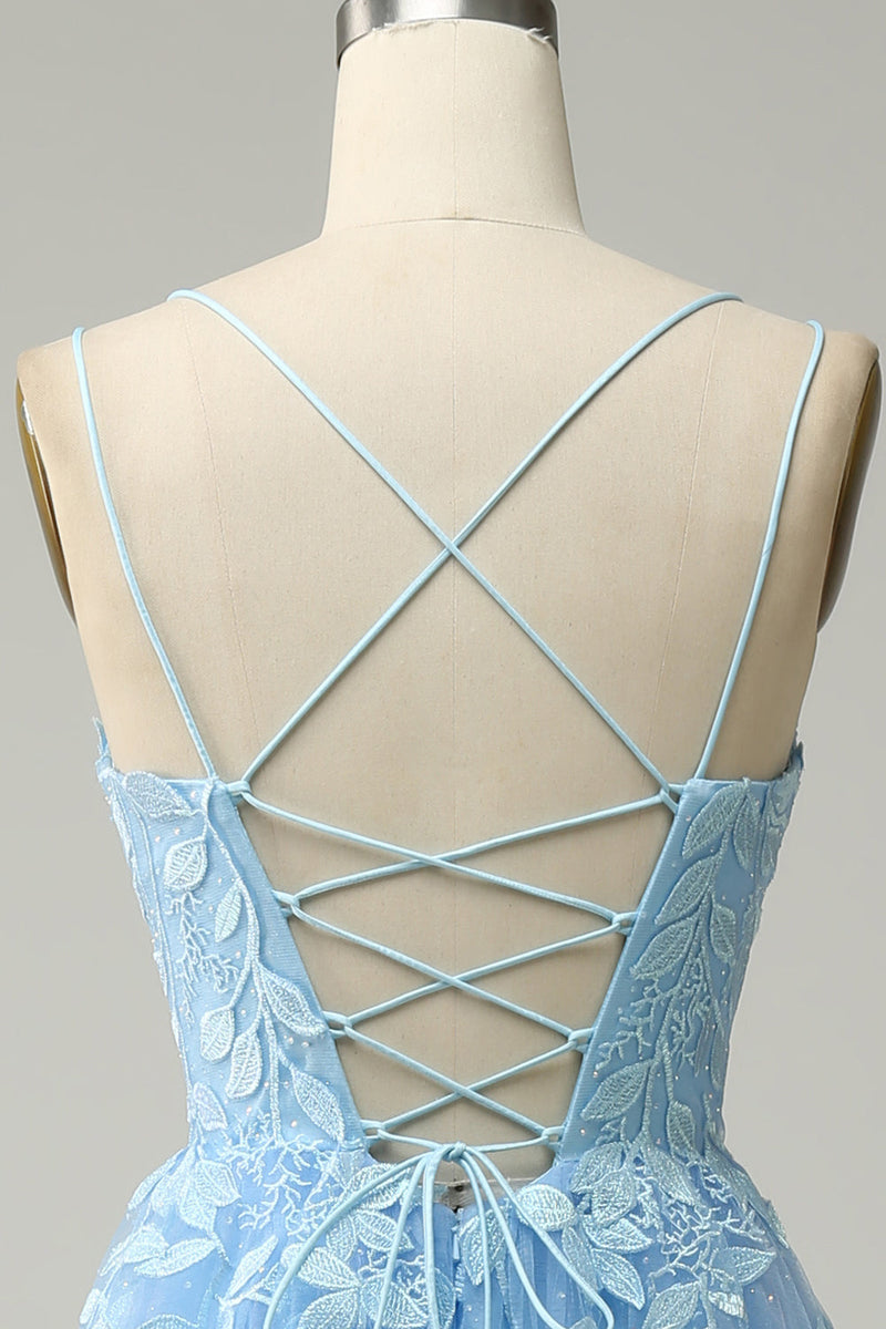 Load image into Gallery viewer, A Line Spaghetti Straps Long Blue Prom Dress with Appliques