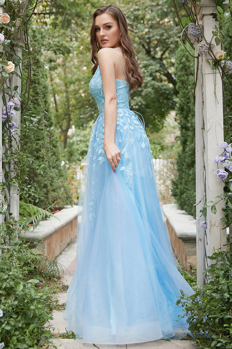 Load image into Gallery viewer, Blue Tulle A Line Prom Dress with Appliques