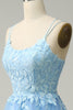 Load image into Gallery viewer, A Line Spaghetti Straps Long Blue Prom Dress with Appliques