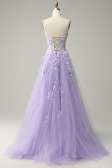 A Line Spaghetti Straps Long Purple Prom Dress with Appliques