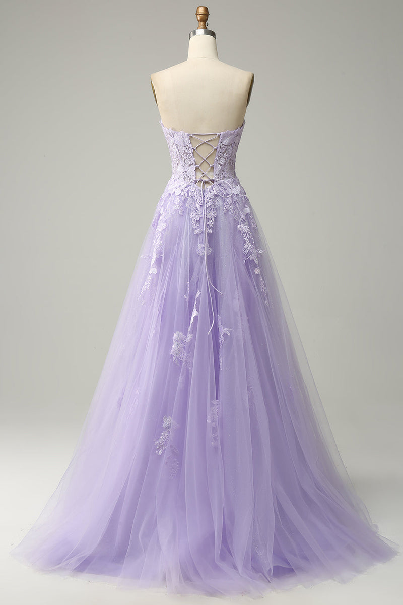 Load image into Gallery viewer, A Line Spaghetti Straps Long Purple Prom Dress with Appliques