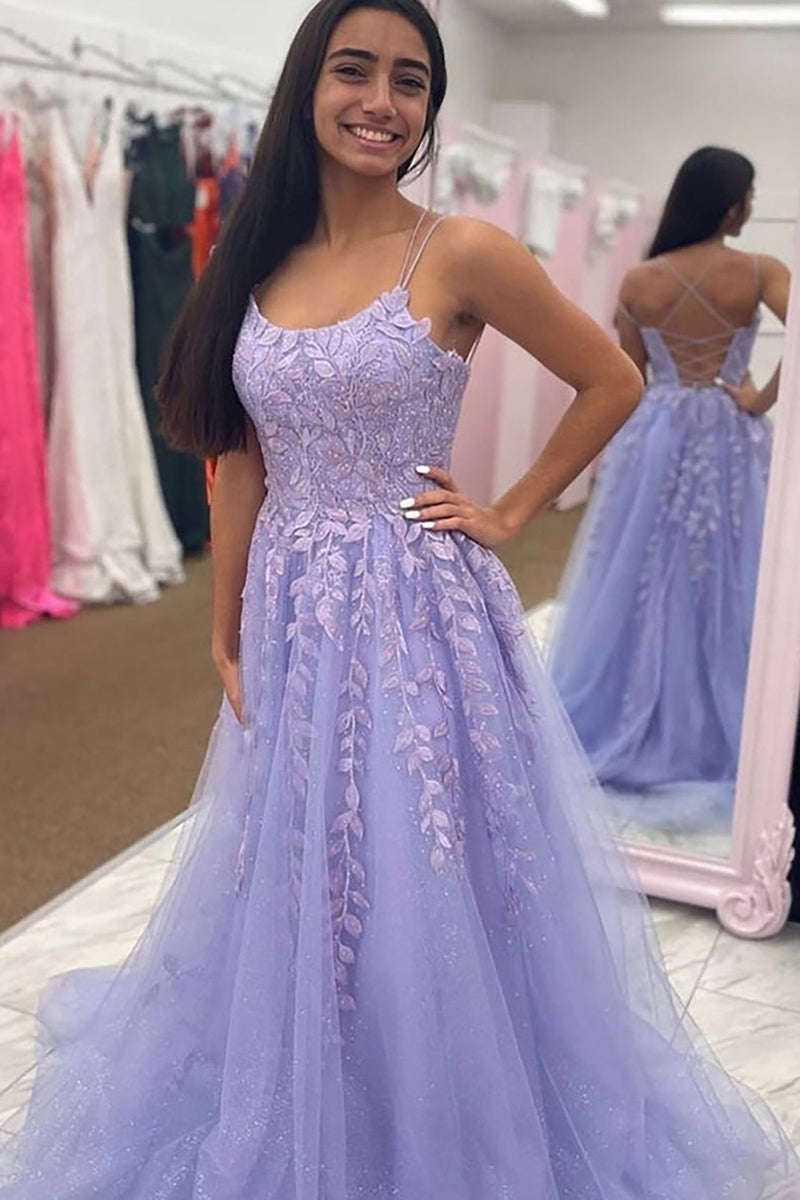 Load image into Gallery viewer, Lavender Tulle A Line Prom Dress with Appliques