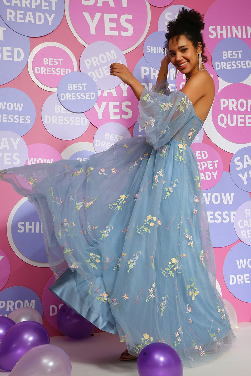 Load image into Gallery viewer, Blue Off The Shoulder Princess Prom Dress with Embroidery