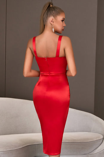 Red Straps Sleeveless Bodycon Party Dress with Slit