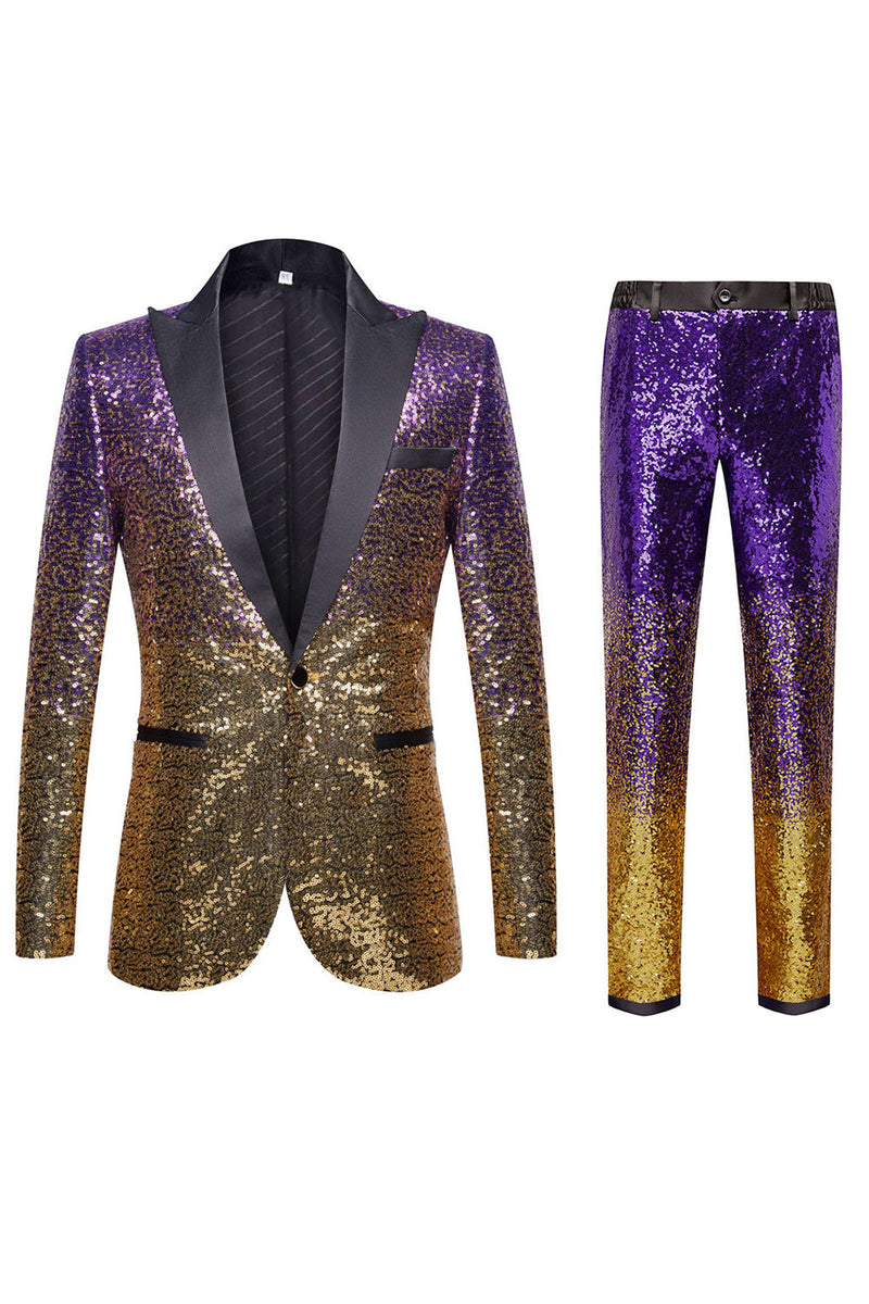 Load image into Gallery viewer, Ombre Sequins Purple Men&#39;s 2 Piece Slim Fit Notched Lapel Party Suits