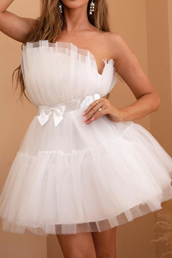 Tulle Strapless White Graduation Dress