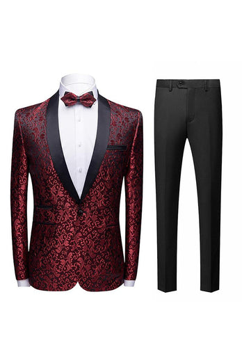 Black Jacquard Shawl Lapel Men's 2 Pieces Suits