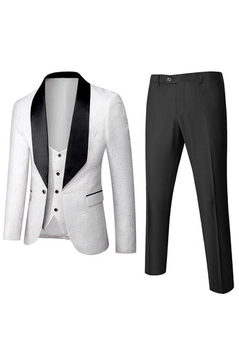 White Men's 3-Piece Suits Jacquard Tuxedo