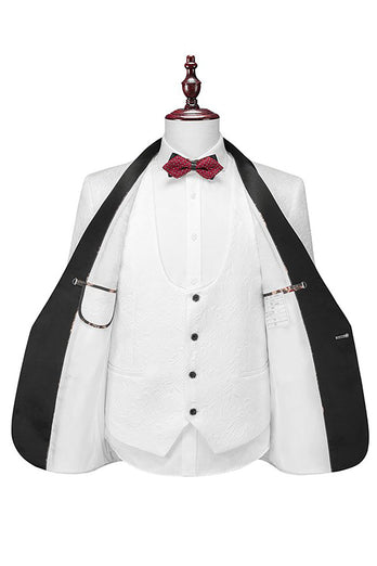 White Men's 3-Piece Suits Jacquard Tuxedo