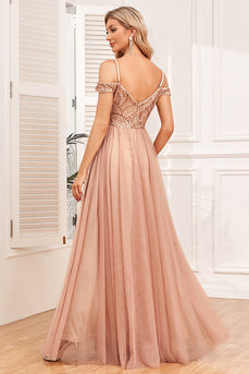 Champagne A-Line Tulle Long Prom Dress with Sequins