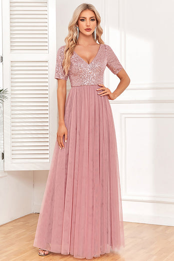 Dusty Rose A-Line V Neck Tulle Prom Dress with Short Sleeves