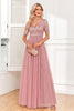 Load image into Gallery viewer, Dusty Rose A-Line V Neck Tulle Prom Dress with Short Sleeves