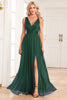 Load image into Gallery viewer, A-Line Sparkly V-Neck Dark Green Prom Dress with Slit