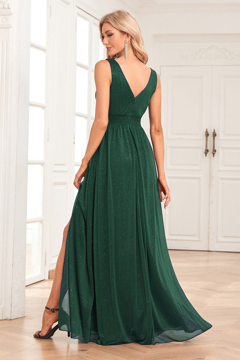 Hellymoon Women Dark Green Prom Dress with Slit Sparkly ALine VNeck
