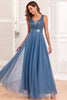 Load image into Gallery viewer, A-Line V-Neck Blue Prom Dress