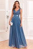 Load image into Gallery viewer, A-Line V-Neck Blue Prom Dress