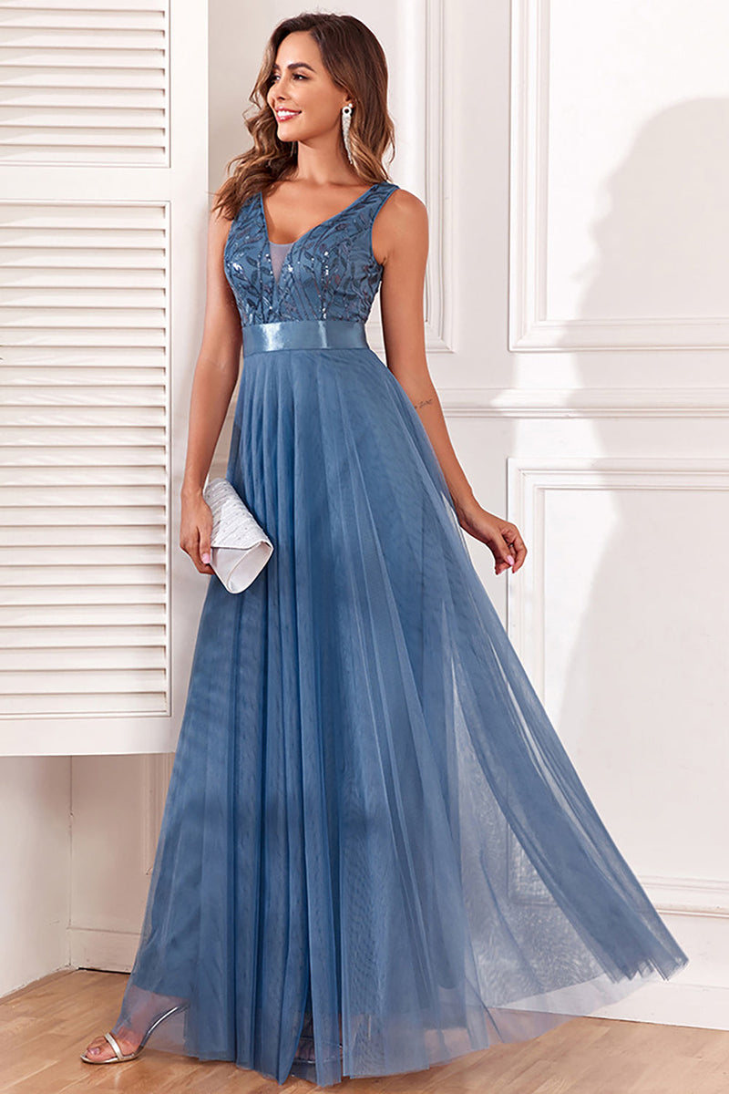 Load image into Gallery viewer, A-Line V-Neck Blue Prom Dress