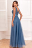 Load image into Gallery viewer, A-Line V-Neck Blue Prom Dress