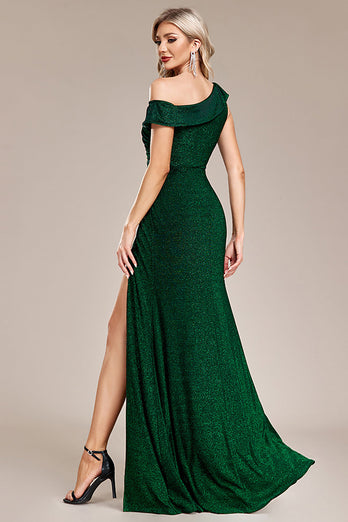 Glitter Dark Green Mermaid One Shoulder Long Prom Dress with Slit